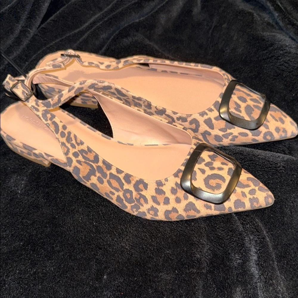 Nordstrom Leopard Print Pointed Slingback Flats with Decorative Metal Buckle